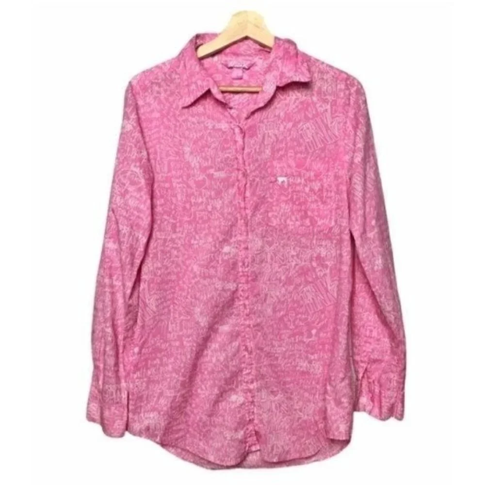 Pink Victoria's Secret Pink & White Button Down‎ Pocket Front Pajama Sleep Shirt